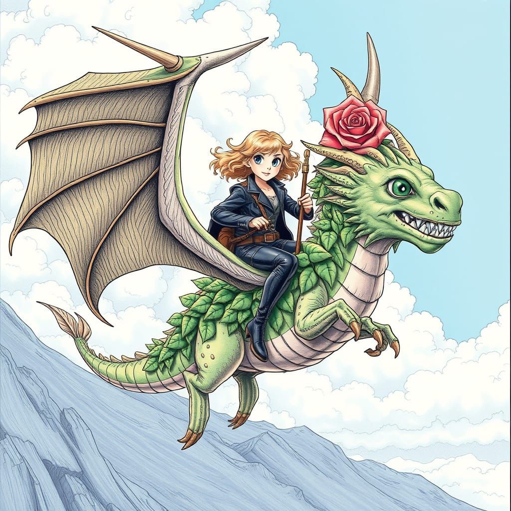 Girl Rides Rose Dragon in Whimsical Biopunk Art