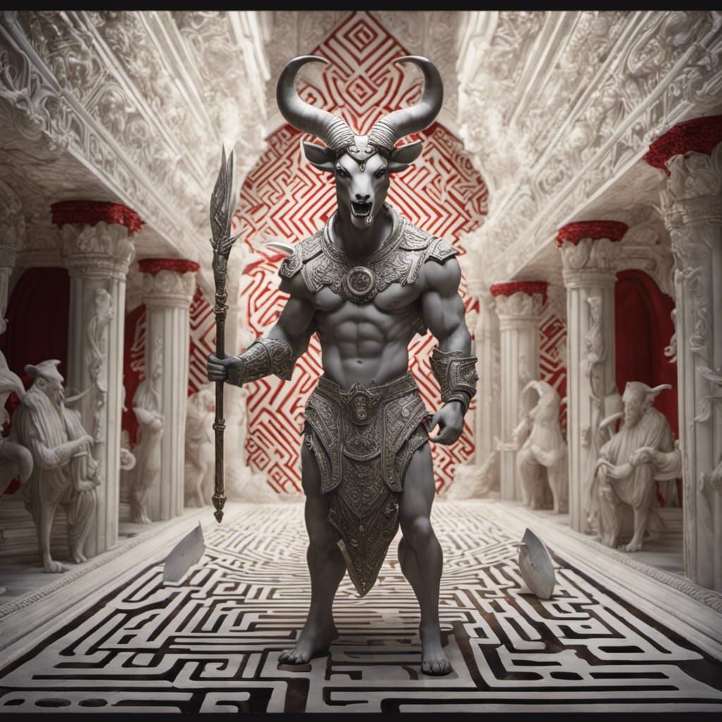 Hyperdetailed Marble Minotaur in Maze with Skull