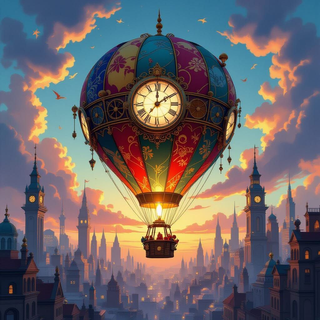 Steampunk Hot Air Balloon Over Abstract Cityscape
