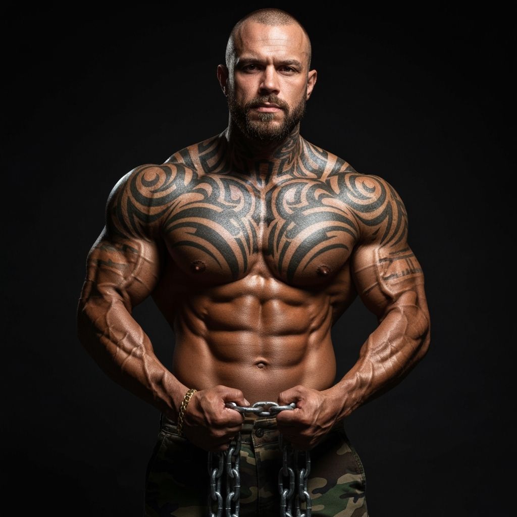 Hyper-Realistic Muscular Man with Tribal Tattoos