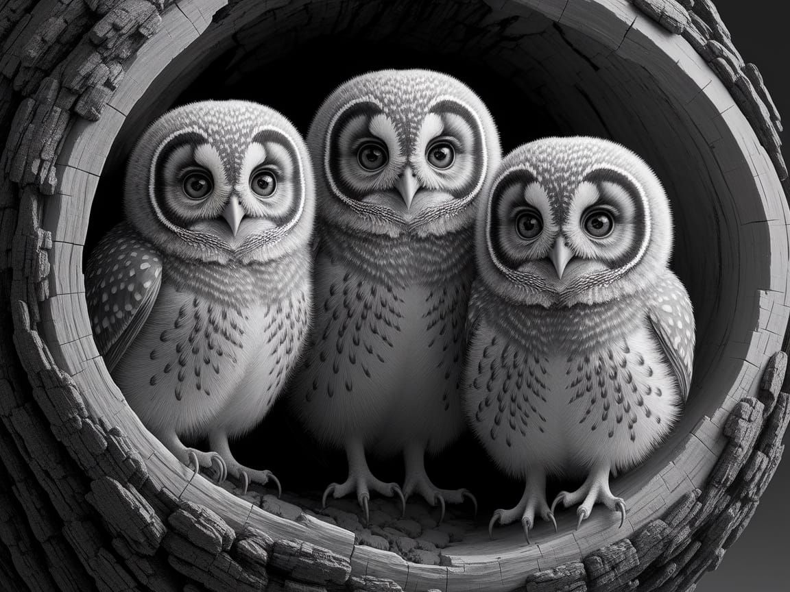 Serene Monochrome Owls in a Tree Hollow