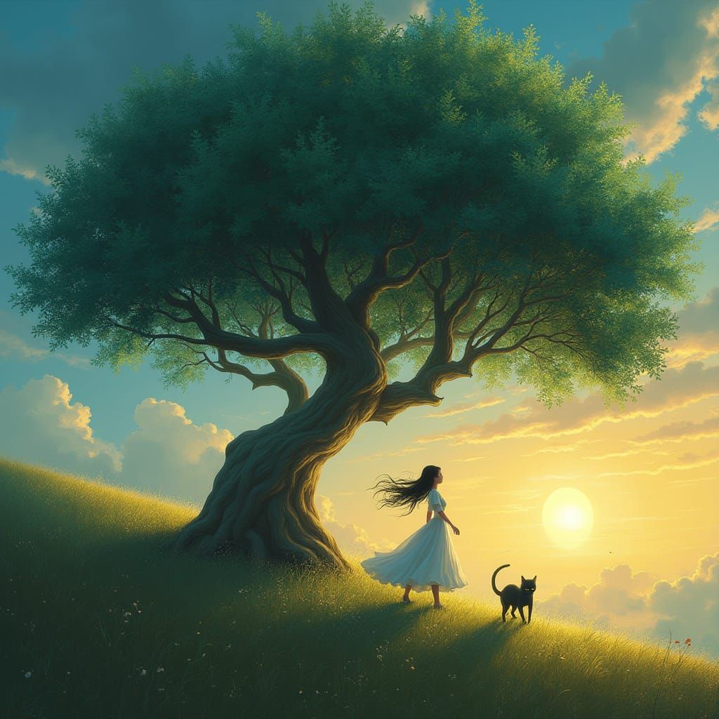 Twilight Reverie: Impossibly Tall Tree in Soft Surrealism