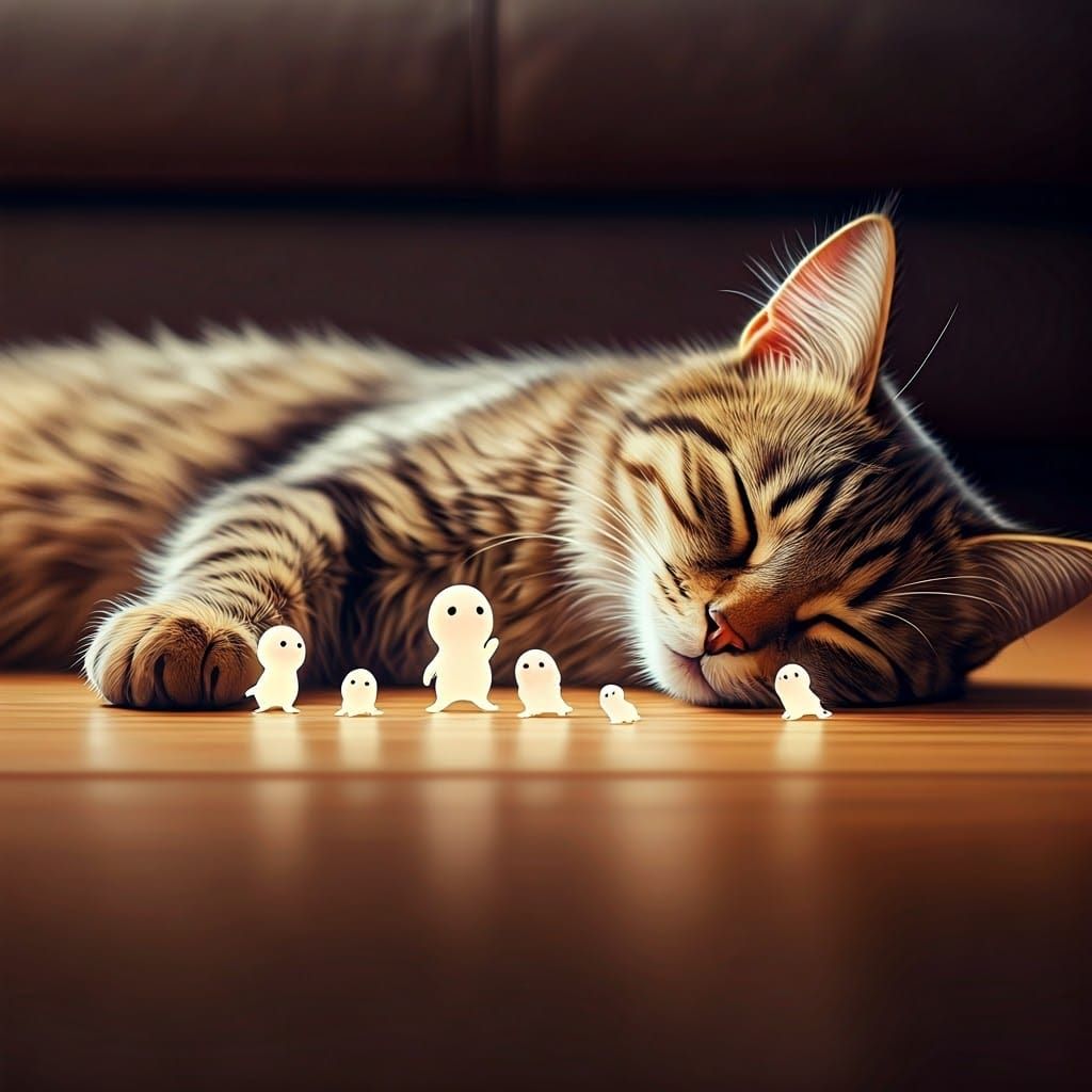 Luminous Sprites Play with Sleeping Cat: CGI Render