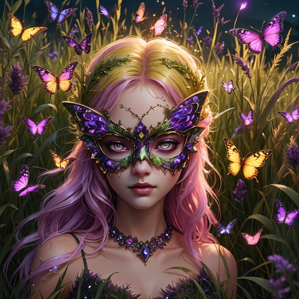 Crystal Butterfly Mask in a Grassy Field