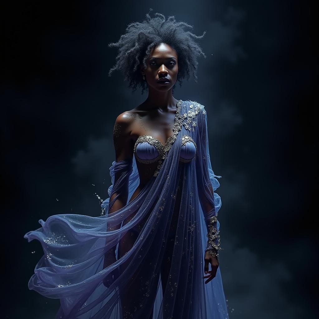 A Radiant Black Goddess Emerges from the Shadows in Vibrant,...