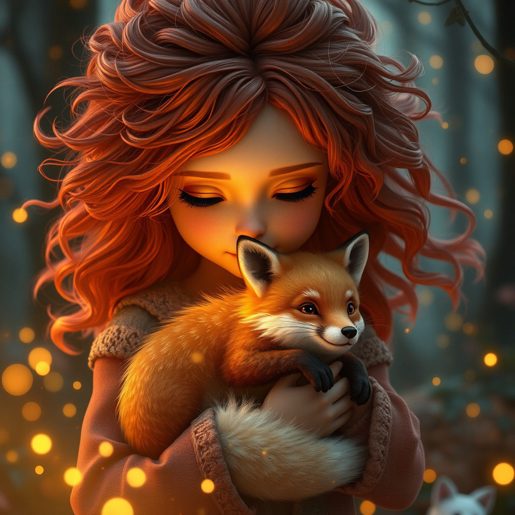 Girl with Fox in Enchanted Forest, Fantasy Art