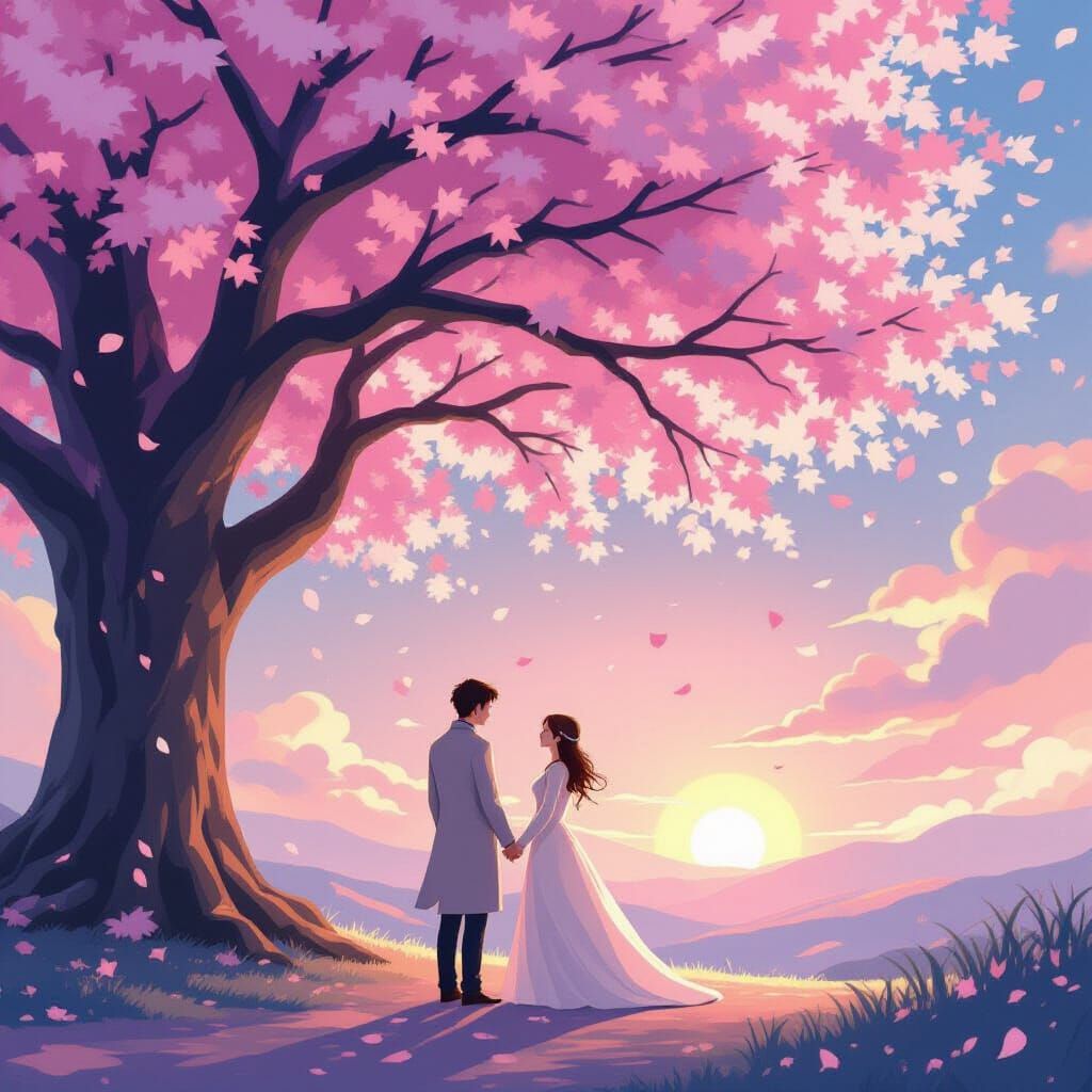 Couple Under Cherry Blossom Tree at Sunset
