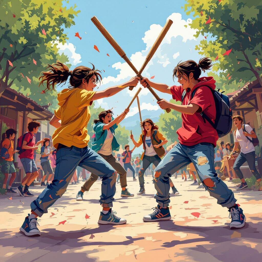 Youth Group Play Fighting in Dynamic Digital Art Style