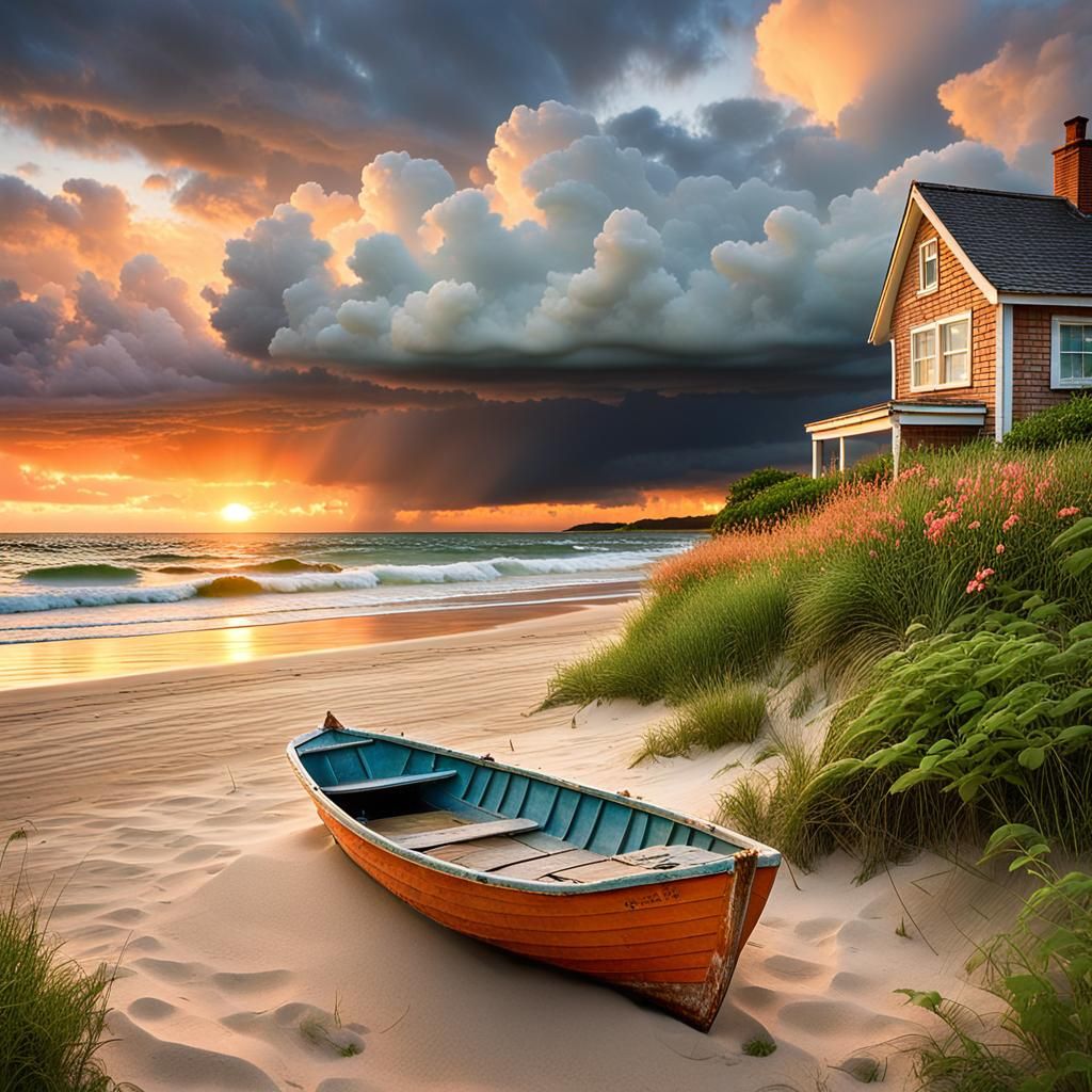Sunset Beach Scene with Boat in Romantic Style