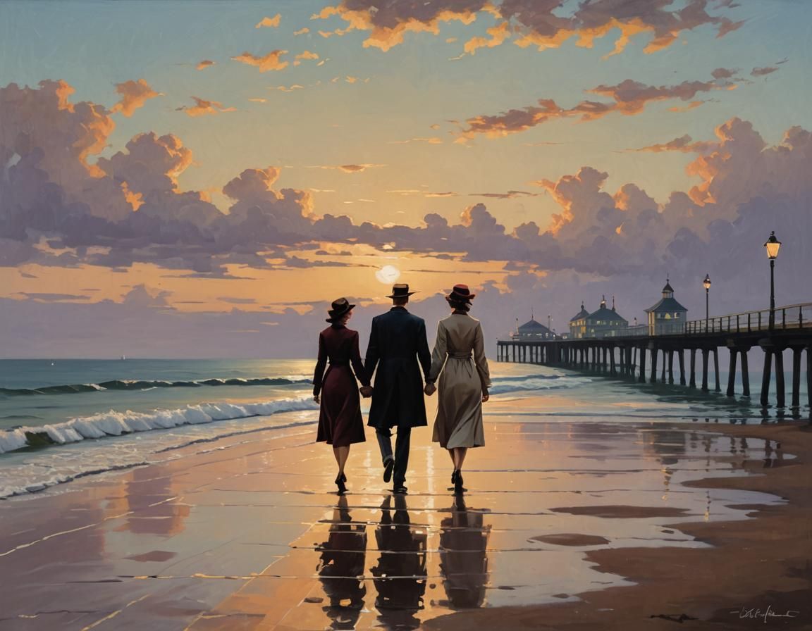 Victorian Couple Stroll on Pier at Sunset