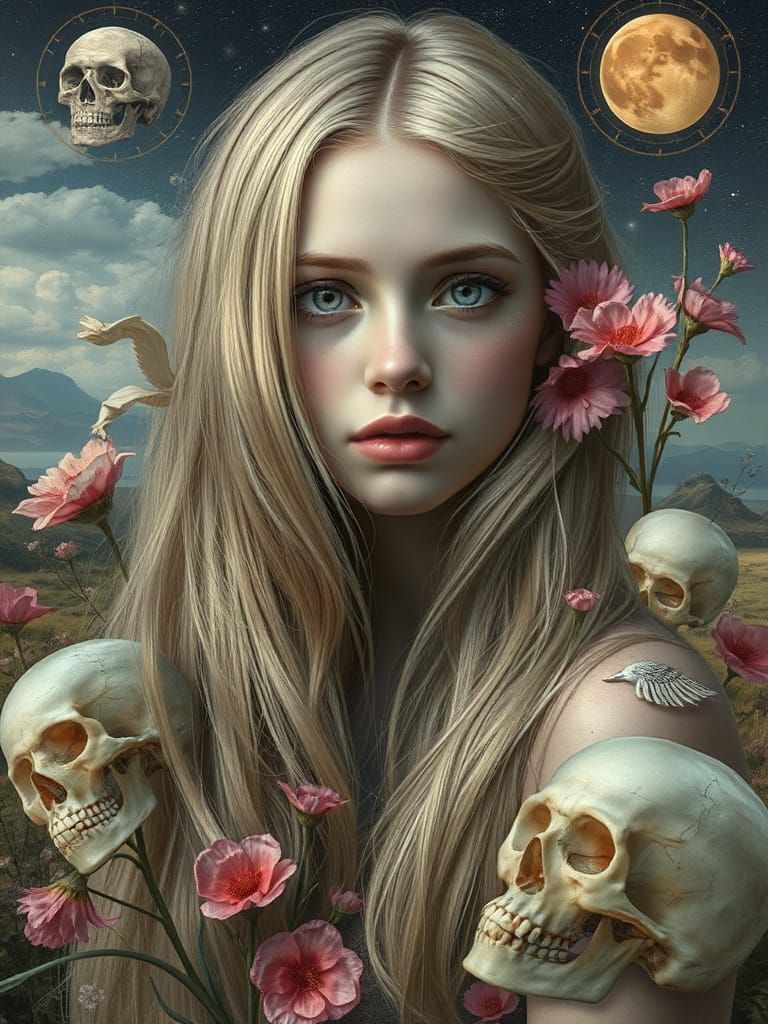 Surreal Portrait: Beauty, Decay, and Celestial Dreams