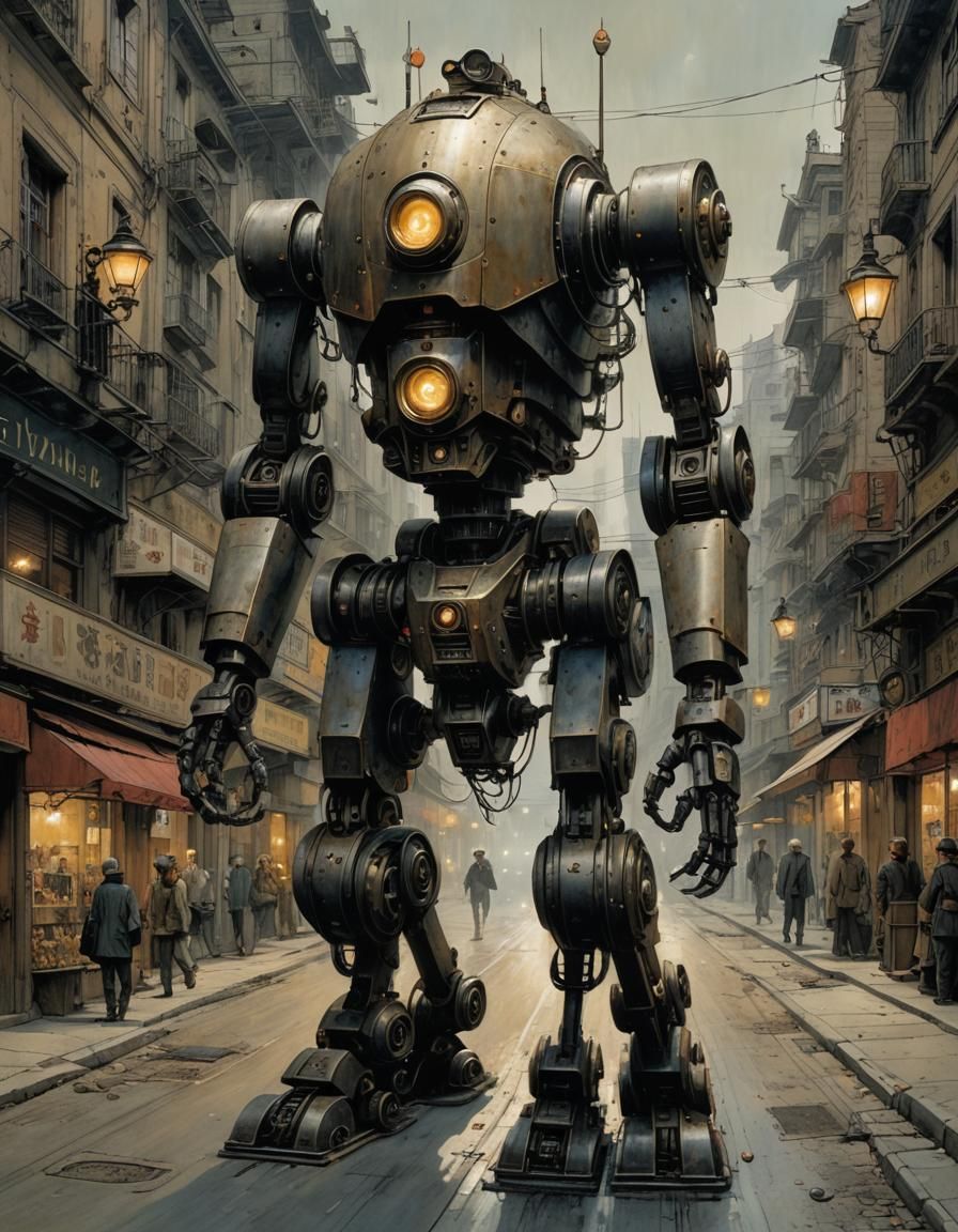 Mechanical Robot Walks Down Lit City Street