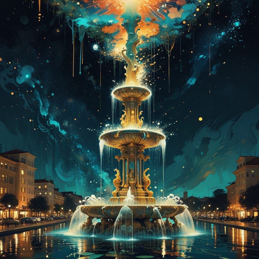 Cosmic Fountain in Glitchcore Style