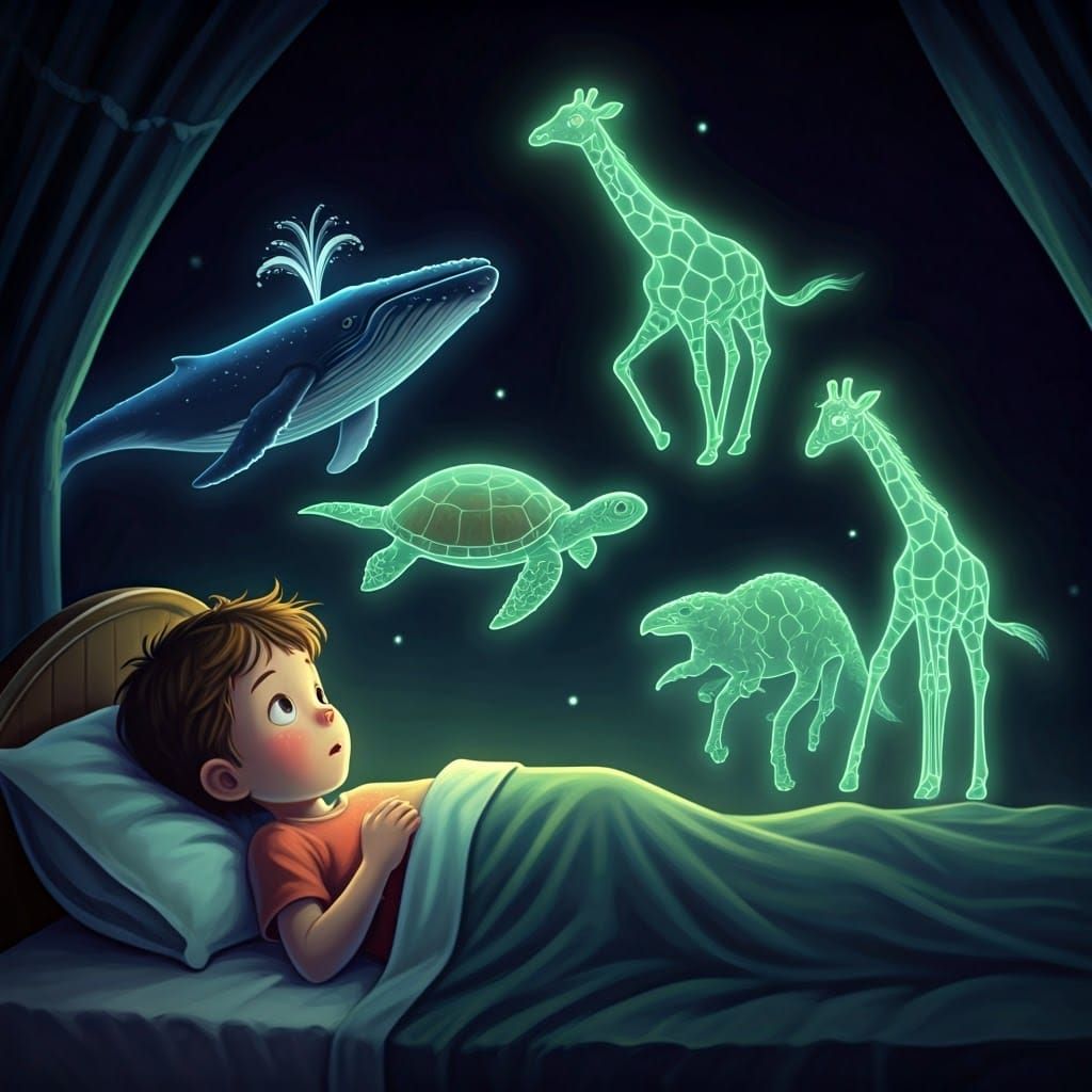 Dreamy Night: Boy and Glowing Creatures