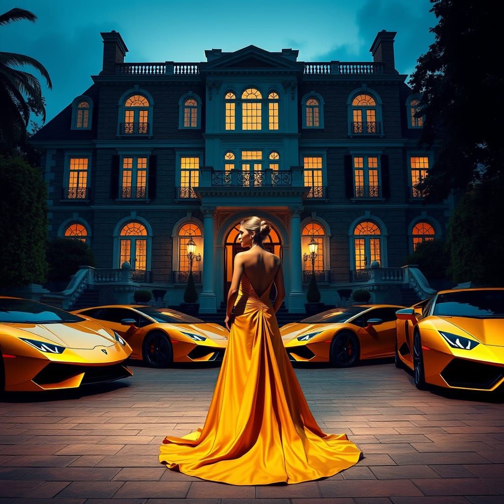 Elegant Woman and Gold Lamborghinis, Digital Art