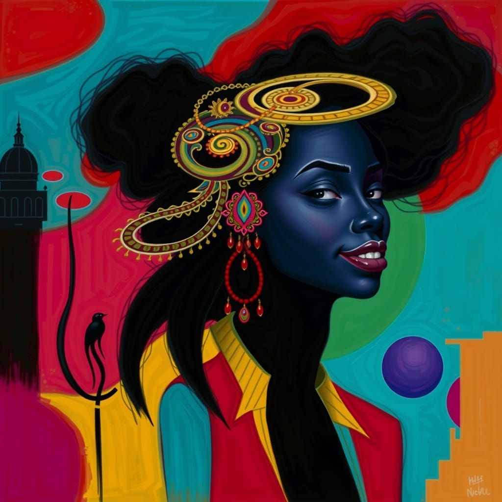 Abstract Portrait of Blue-Skinned Woman with Golden Headpiec...