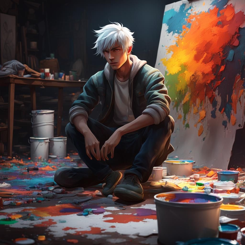 Anime-Style Teen Artist in Studio with Blank Canvas