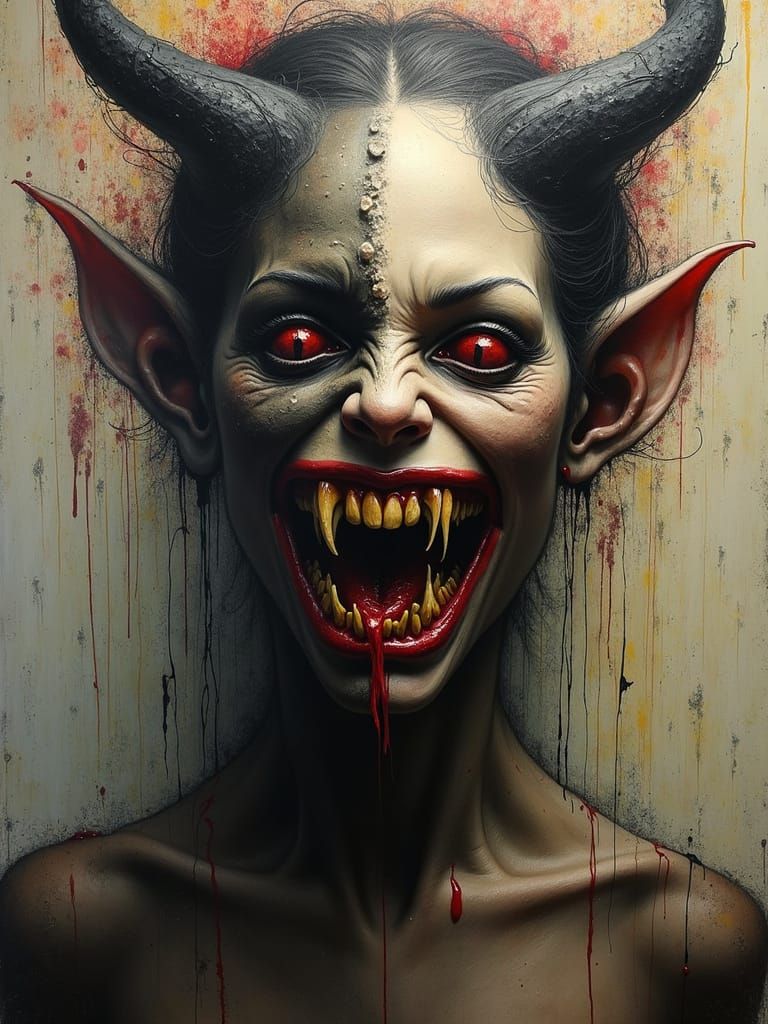 Twisted Surreal Oil Painting of a Hideous Female Demon