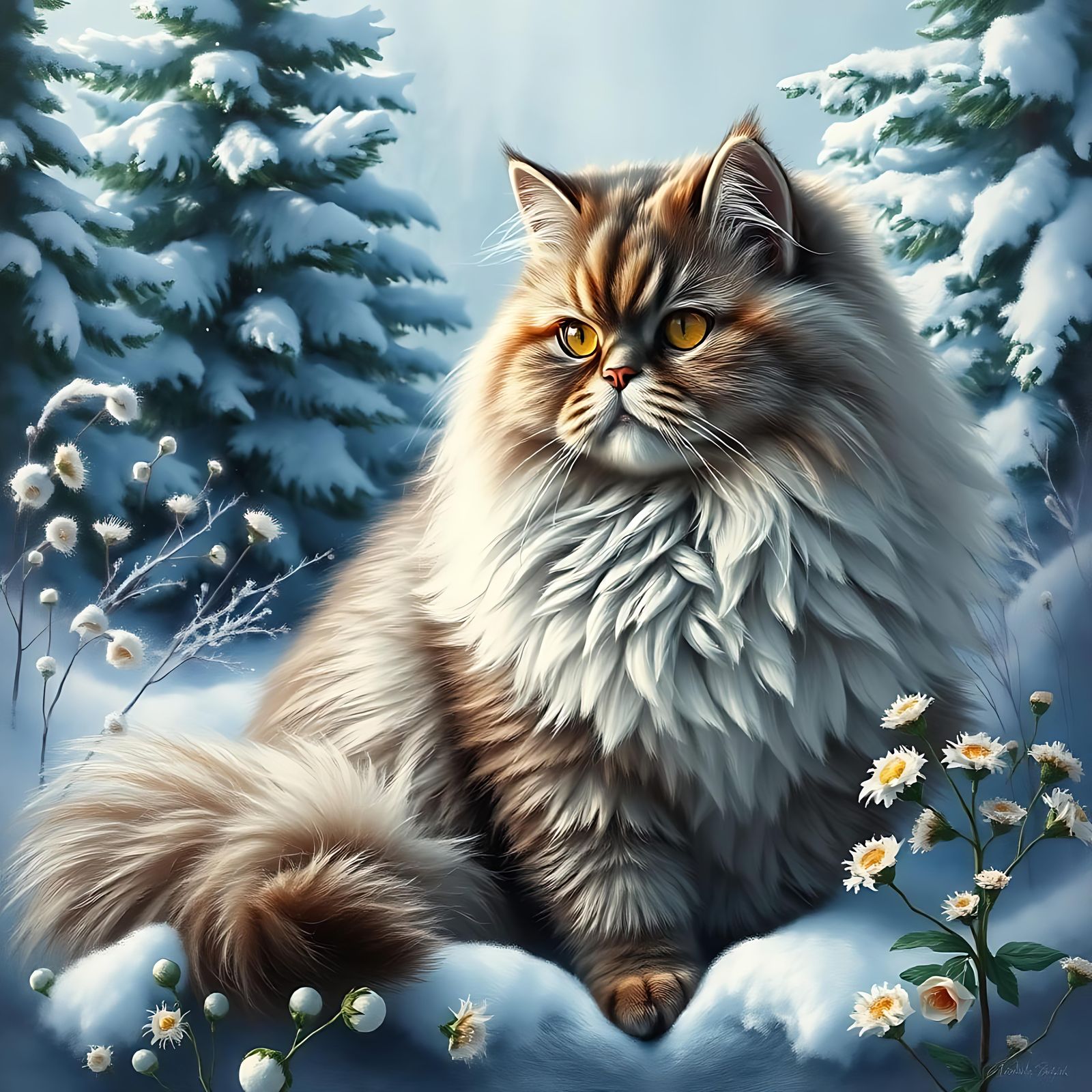 A persian cat in a winter scene