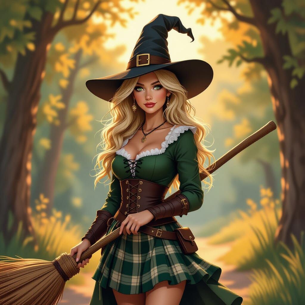 Blonde Witch in Kilt with Broom and Hat