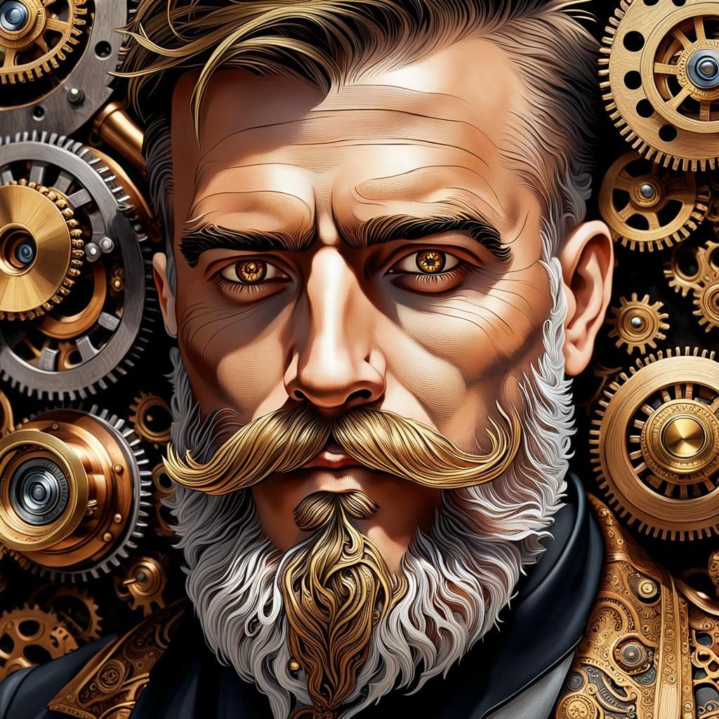 A steampunk-inspired beard made of interlocking gears, cogs,...