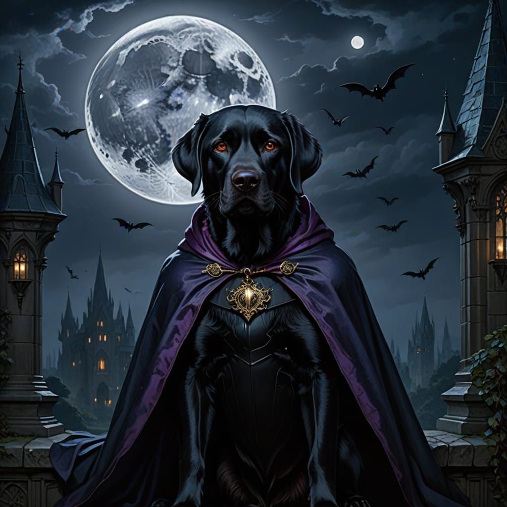 Labrador in Vampire Cape Under Full Moon