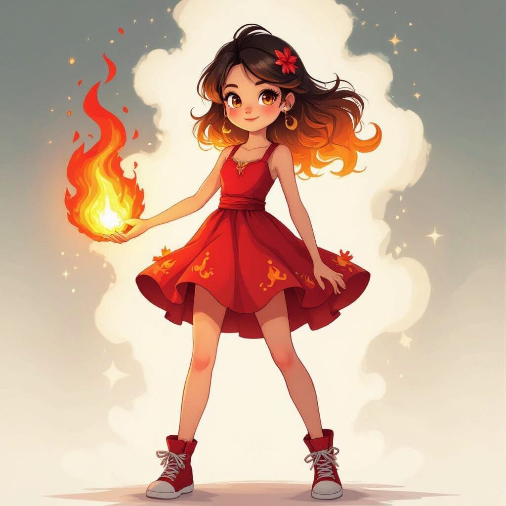 Fiery Elemental Girl with Braided Flame Accents