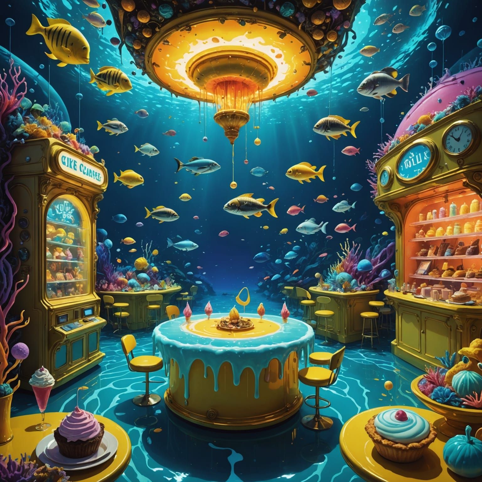 Surreal Ocean Scene with Melting Clocks and Bioluminescence