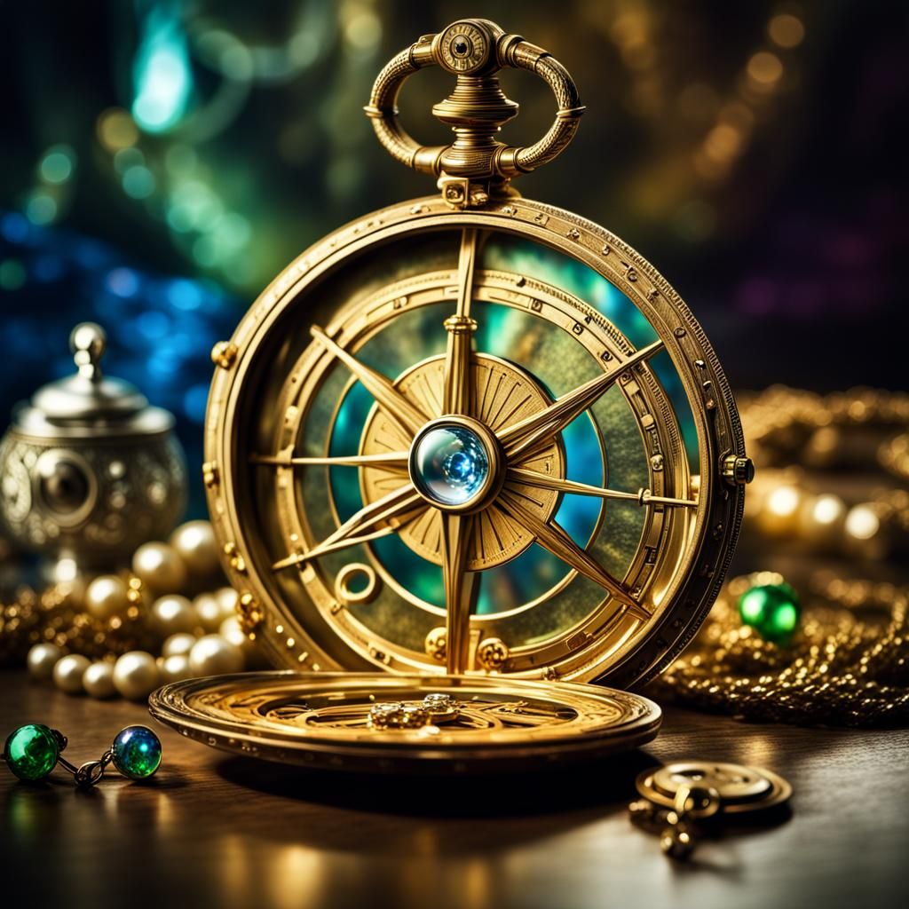 Golden Compass and Astrolabe in Aurora Borealis