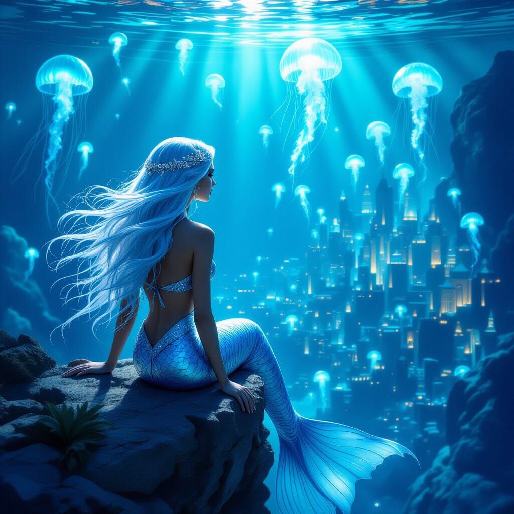 Mermaid Overlooking Bioluminescent City, Hyperrealistic Styl...