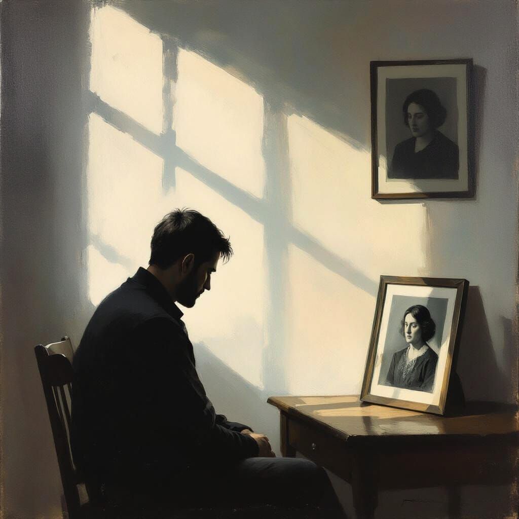 Man Mourning Mother in Somber Oil Painting Style