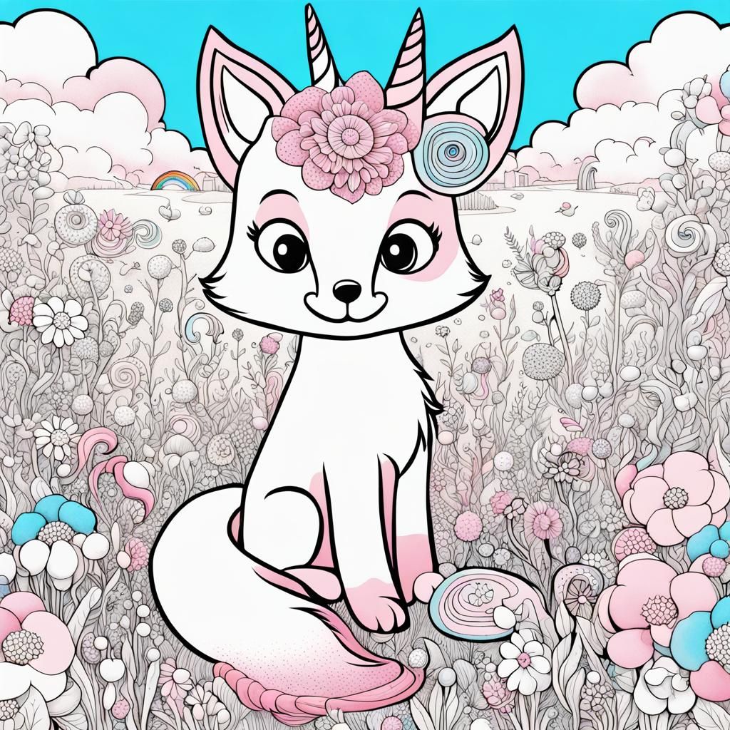 Candy World: Fox Unicorn Coloring Page