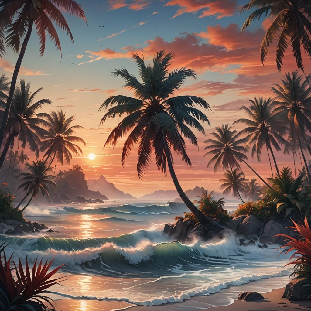 Seychelles-Inspired Island Sunset in Hyper-Realistic Style