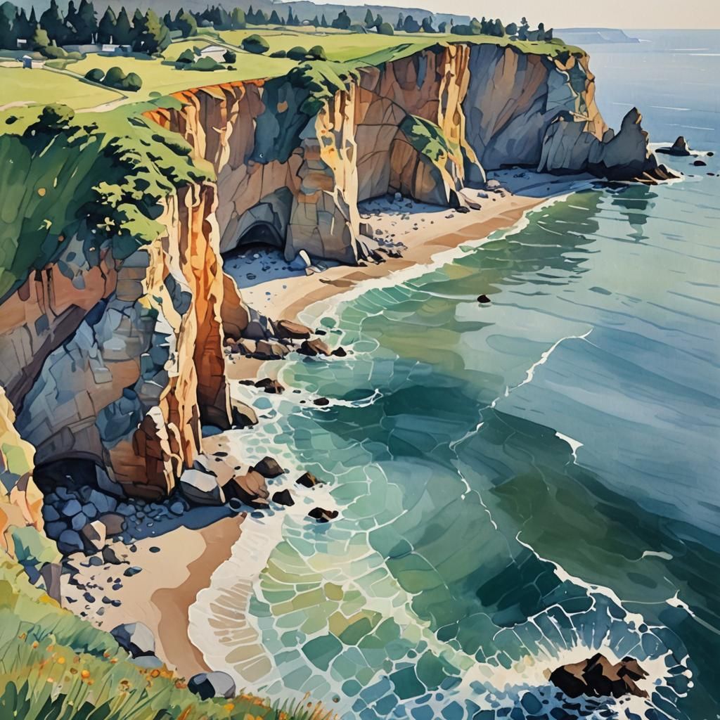 Coastal Cliffs in Gouache and Watercolor Style