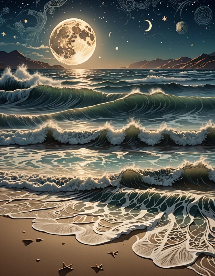 Moonlit Beach Waves in Fractal Digital Art