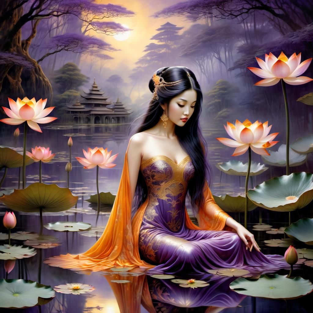 Asian Goddess and Lotus Reflection in Fantasy Art