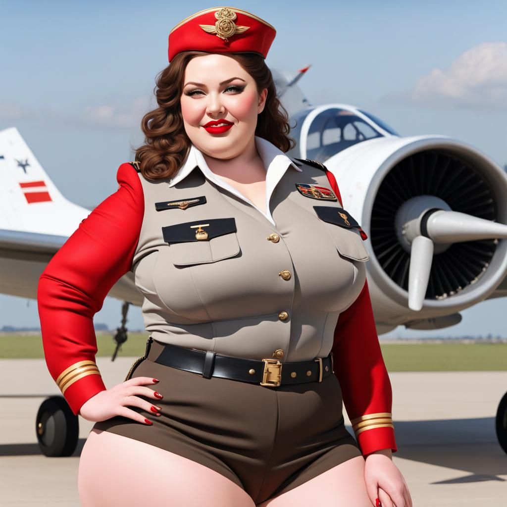 Curvy Pilot in Elaborate Uniform and Makeup