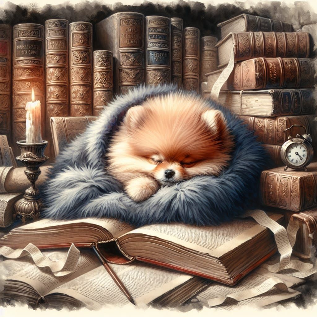 Pomeranian Puppy Asleep in Book Nook Watercolor