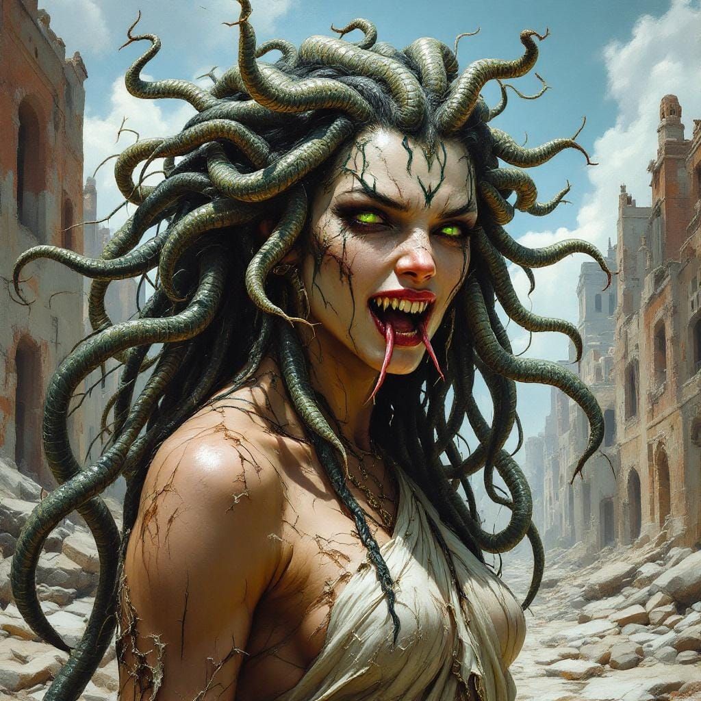 Post-Apocalyptic Medusa Portrait in Horror Art Style