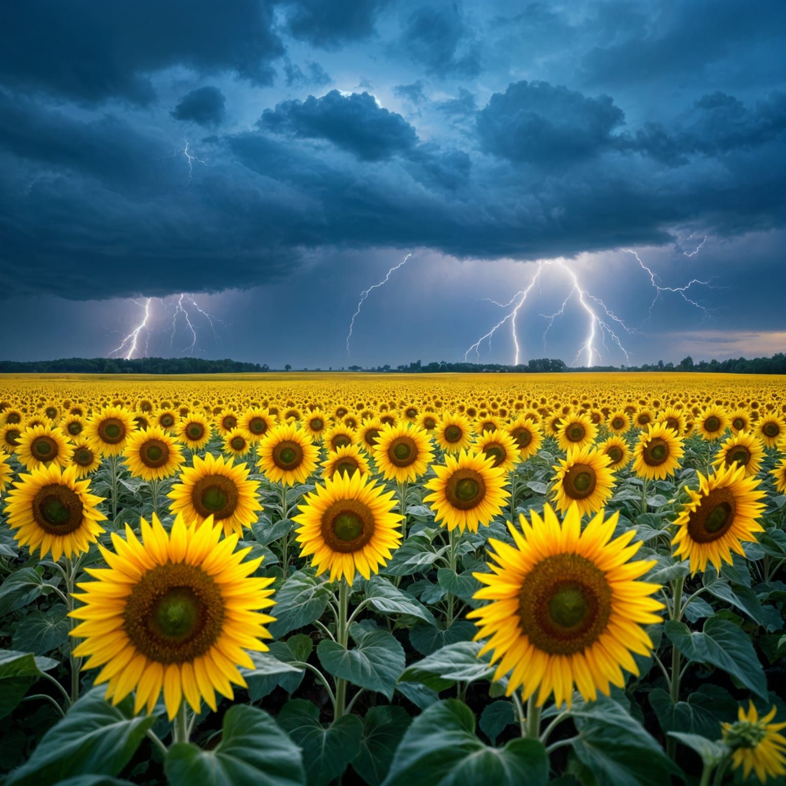 Dramatic Storm Over Sunflower Field with Lightning