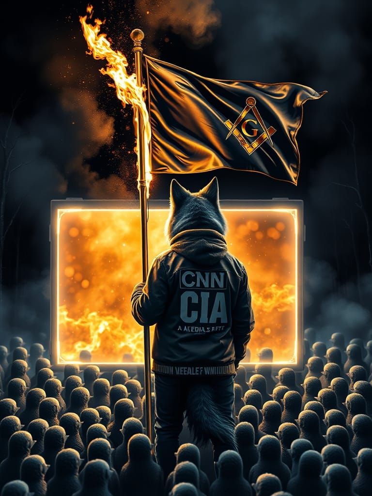 Wolf in Media Jacket with Masonic Flag, Alcohol Ink Art