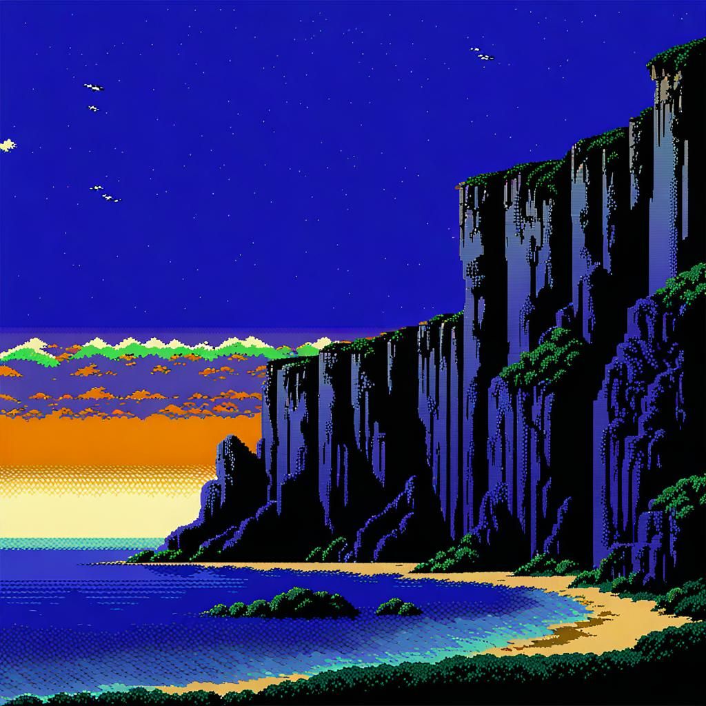 Foggy Cliffs at Dusk in 8-bit Style