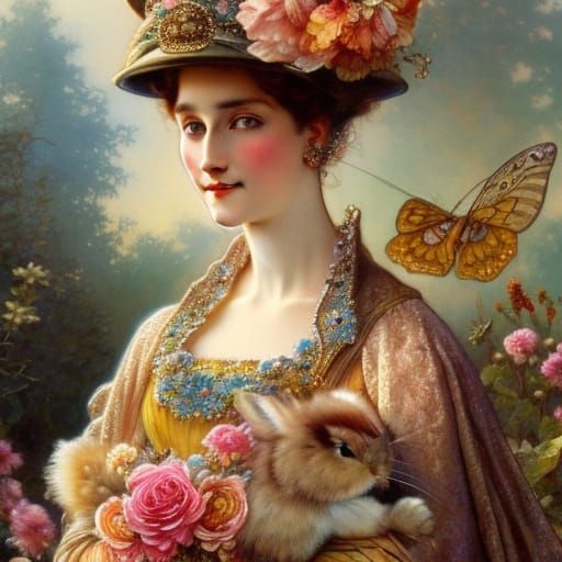 Victorian Lady with Bunny in Elaborate Hat