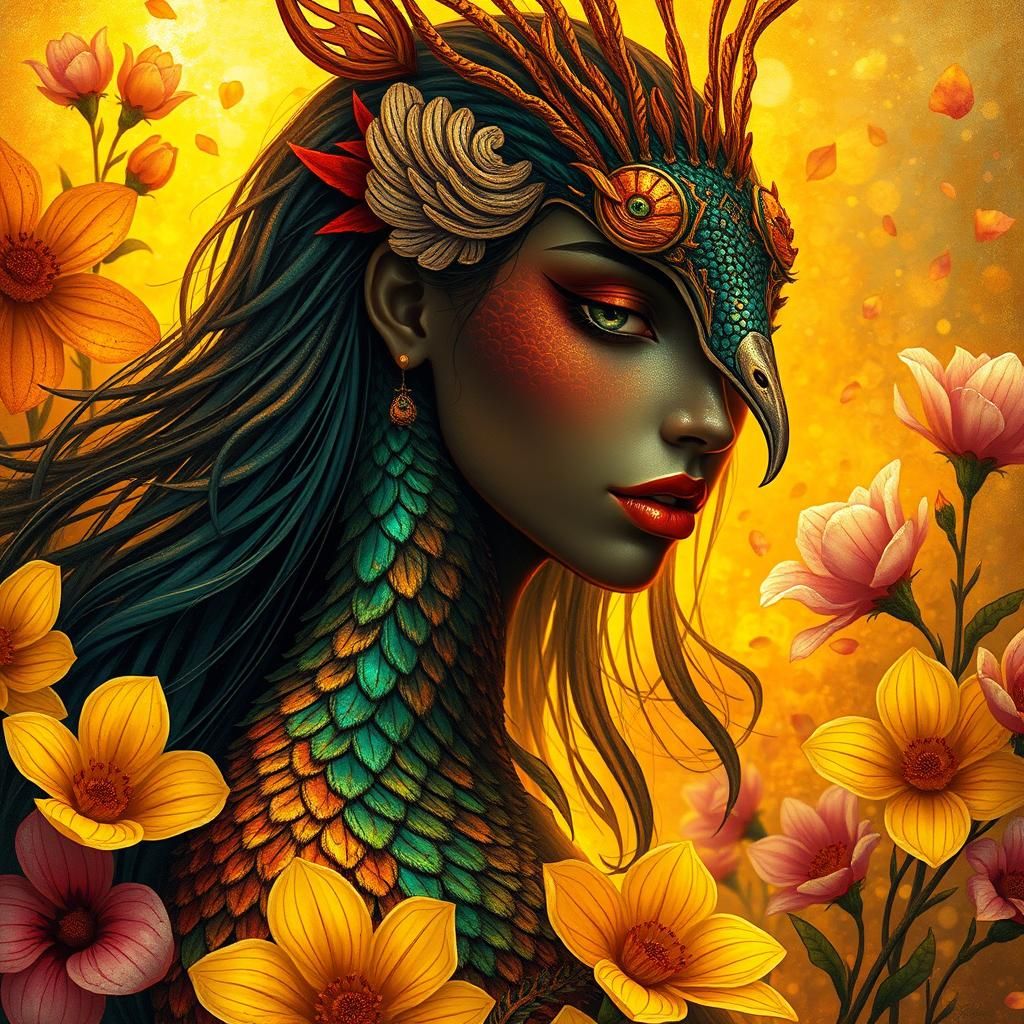 Dragon-Peacock Woman in Abstract Expressionist Style