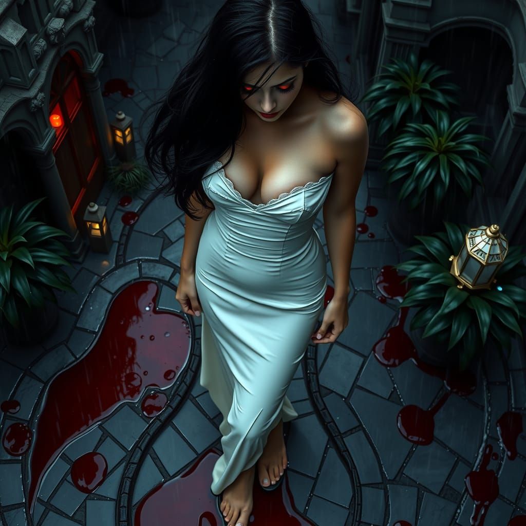 Melancholy Vampire in Rain-Soaked Garden