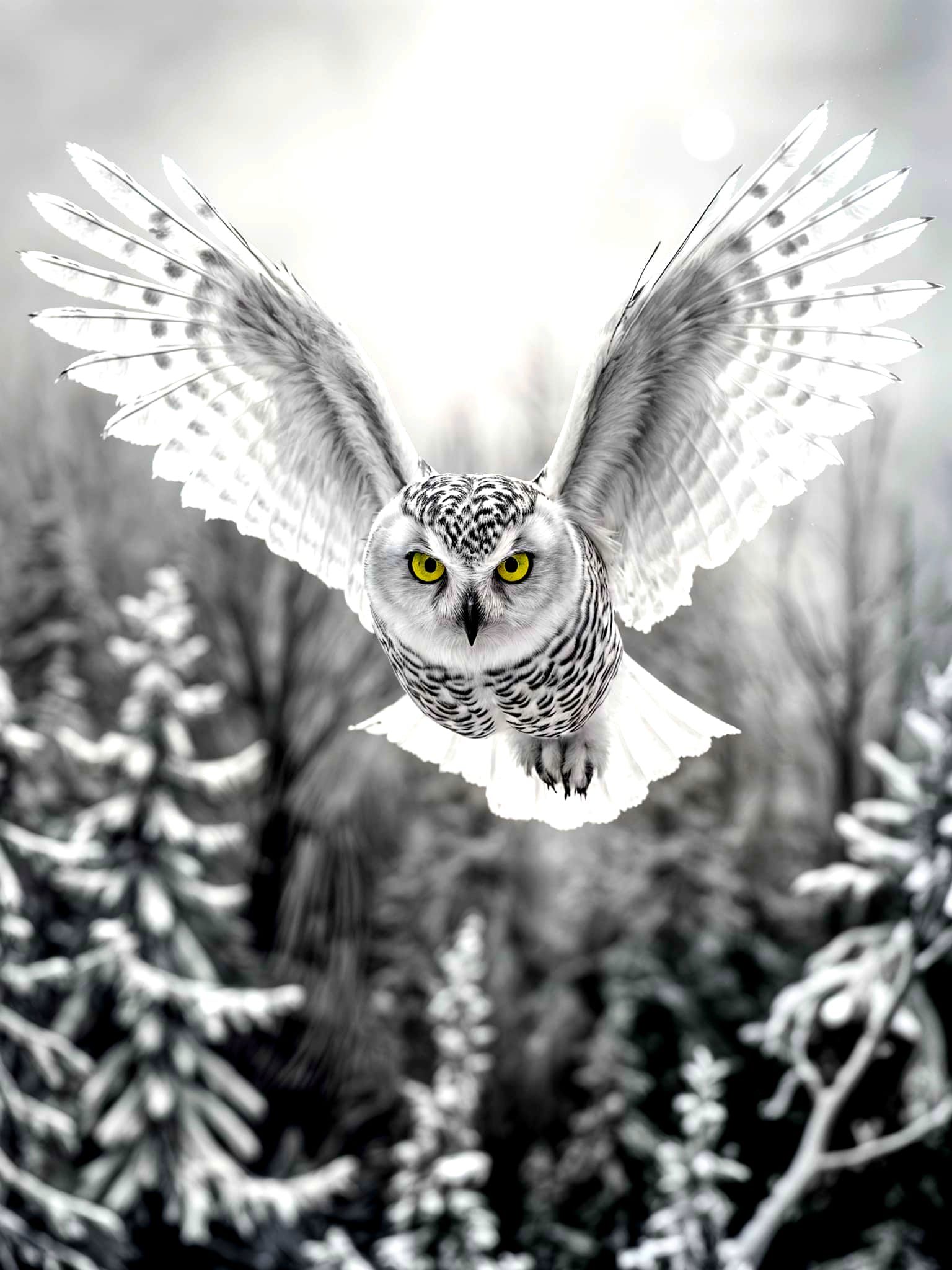 Monochromatic Black and White Portrait of a Snowy Owl in Fli...