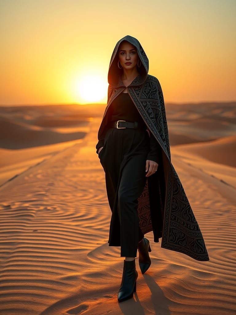 Elegant Futuristic Arab Woman Strides on Desert Runway