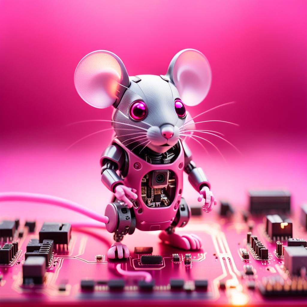 Pink Robot Mouse on Circuit Board: Tilt-Shift Macro