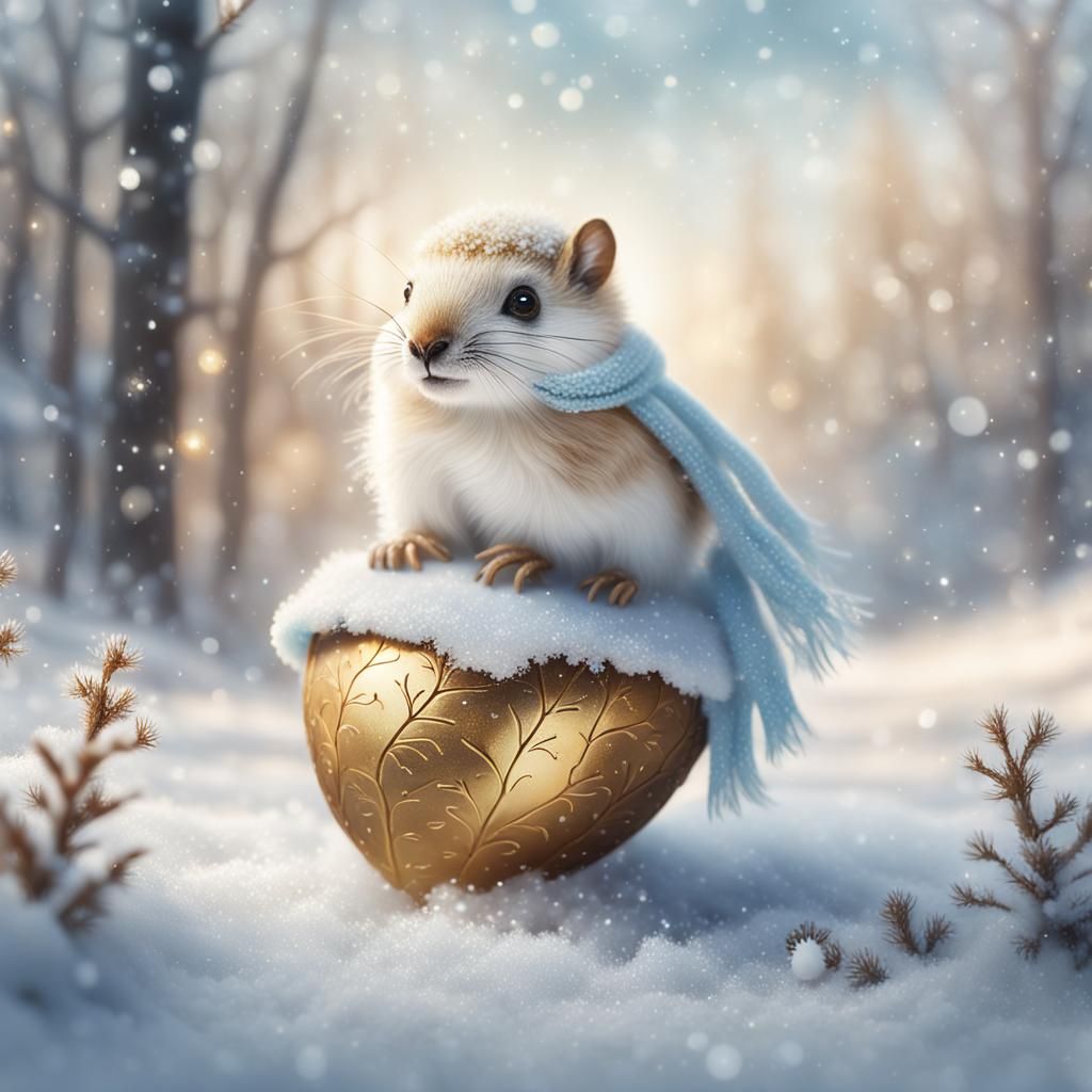 Tiny Furry Creature's Acorn Ride in Winter Wonderland