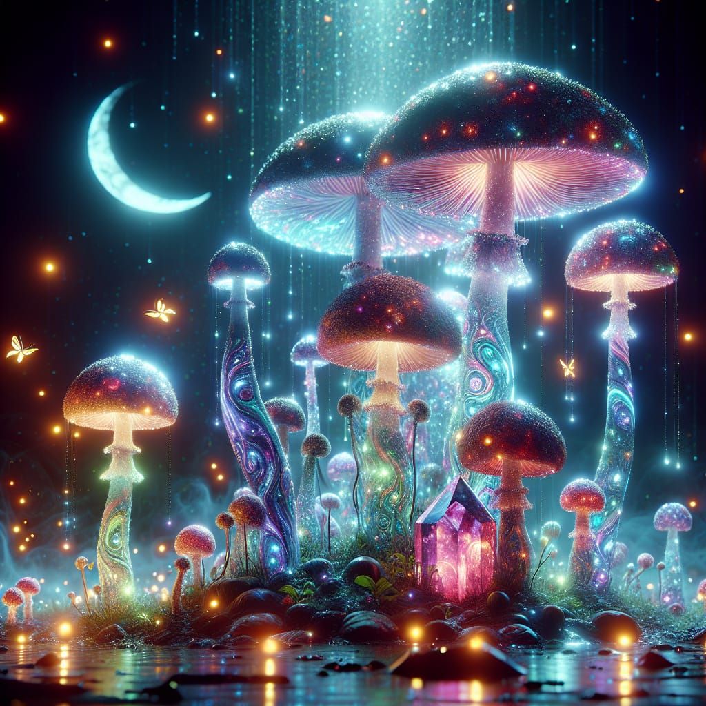 Ethereal Space Mushrooms Shine Under Crescent Moonlight